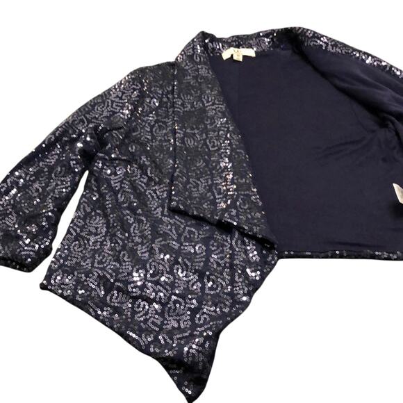 Ya LosAngeles Navy Blue Sequin Cropped Jacket Woman Size Medium Open Front - Picture 6 of 8